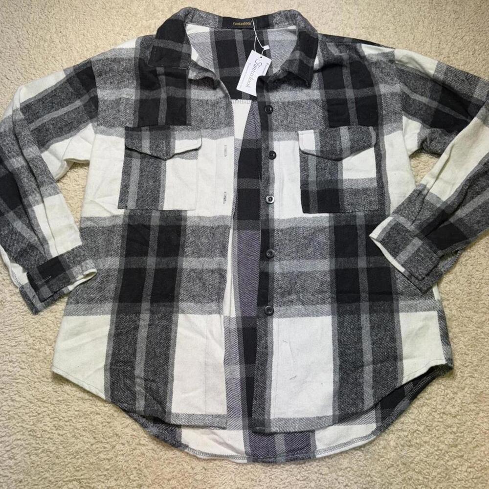 Plaid Flannel Shacket Boyfriend Fit Black and White SMALL‎ NWT